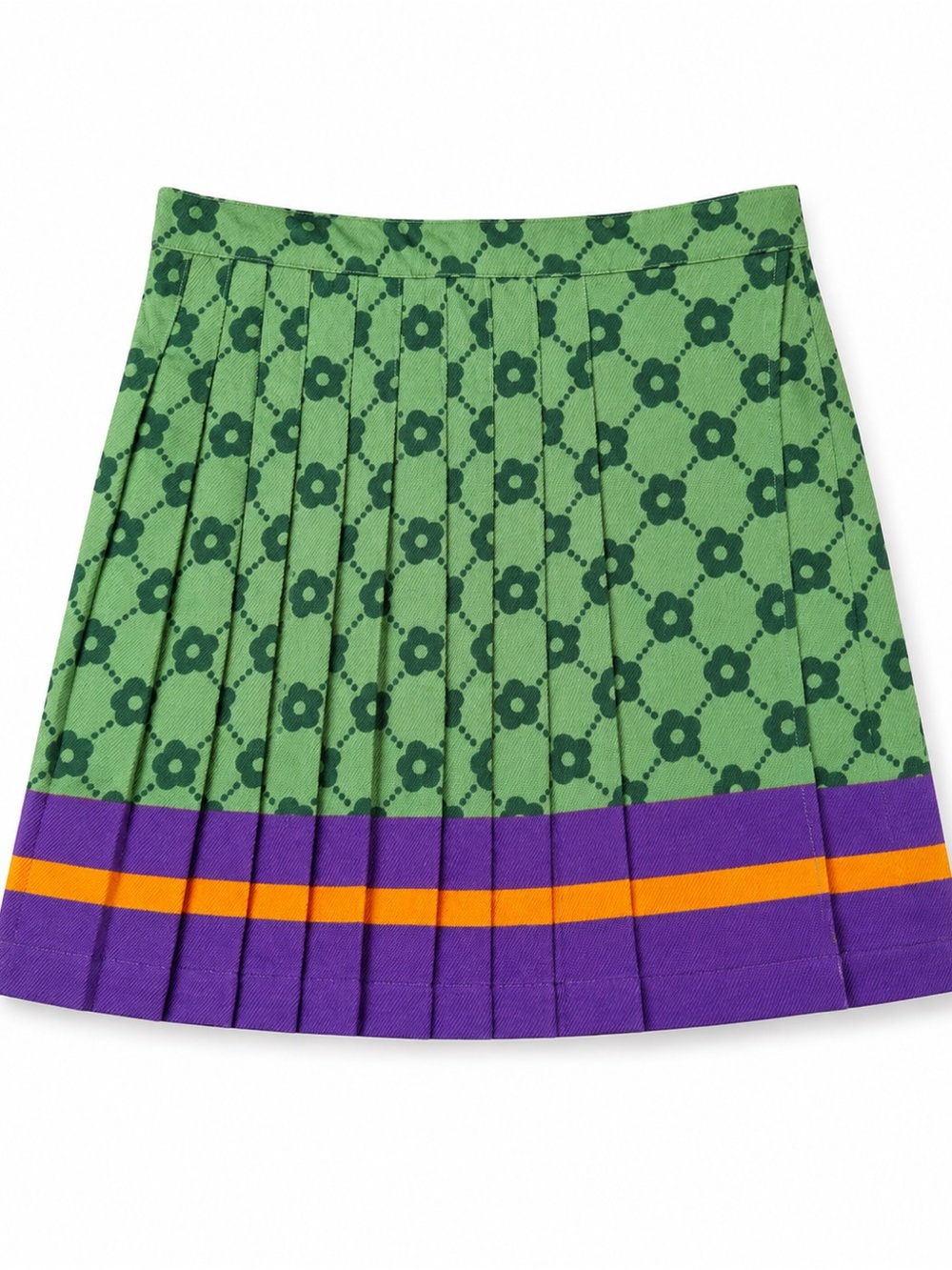 Pleated Green Floral Pattern Mini Skirt with Purple & Orange Trim